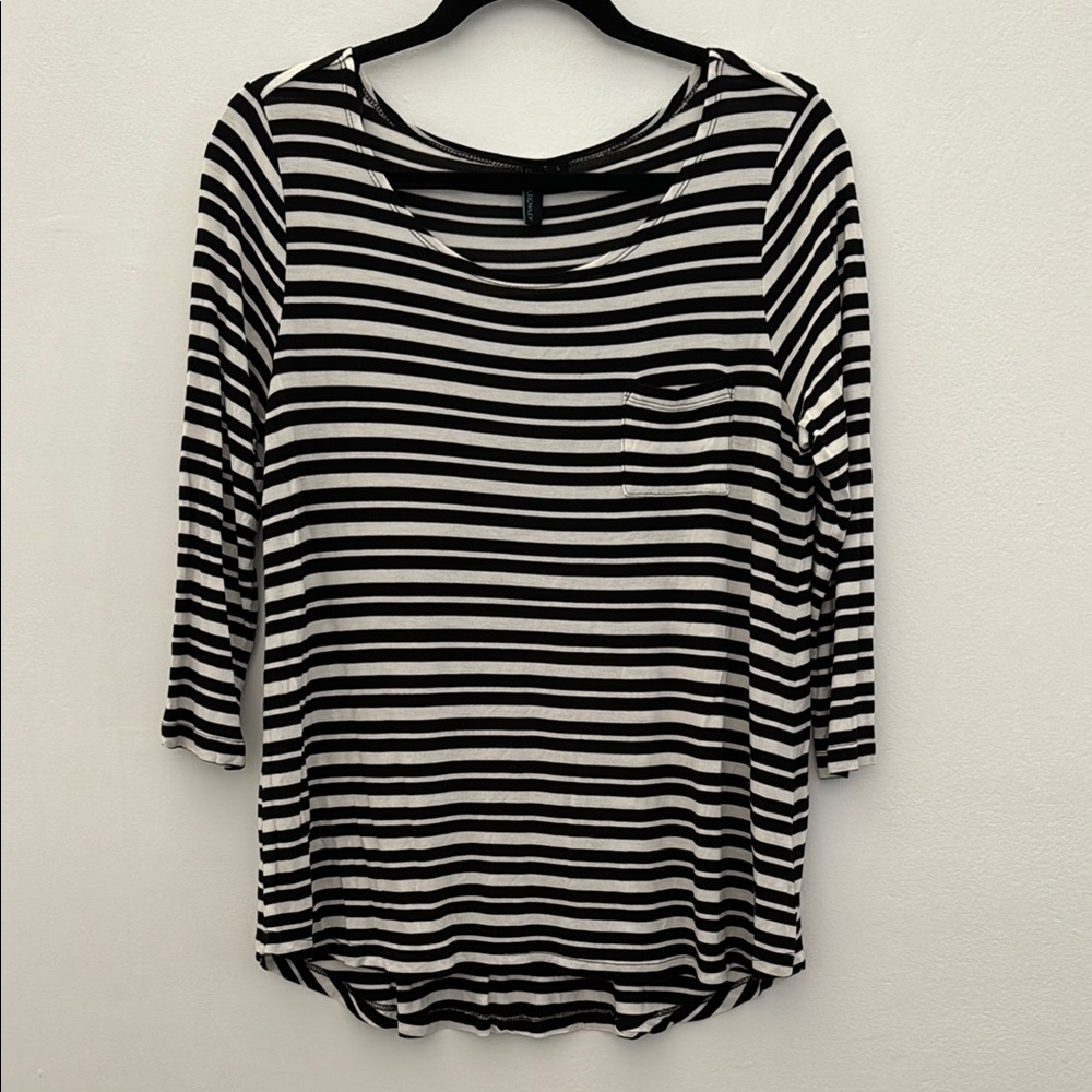 Soft Black and White Striped Women's Top with 3/4 Length Sleeves